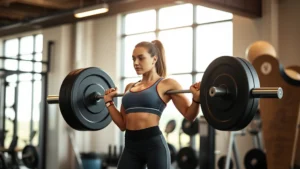 Athletic woman performing deadlifts in modern gym with morning light, focused expression, proper form, gym environment