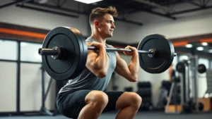 Person doing a perfect barbell squat with neutral spine in a well-lit gym, focused expression, professional athletic wear, side angle showing form