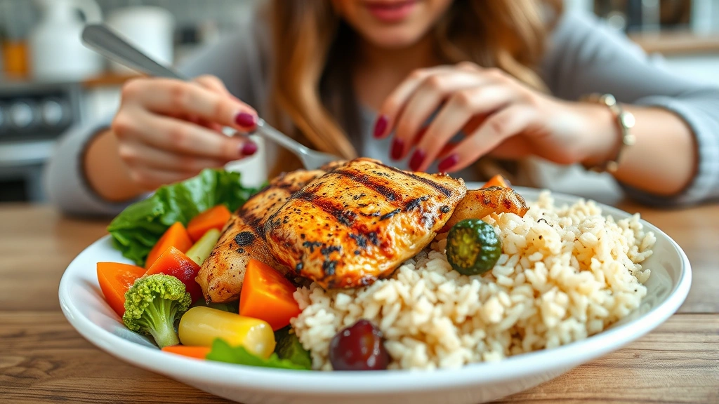 Close-up of someone eating a balanced meal with grilled chicken, rice, and vegetables at a kitchen table, healthy food prep, natural lighting, showing proper nutrition without being preachy or overly staged