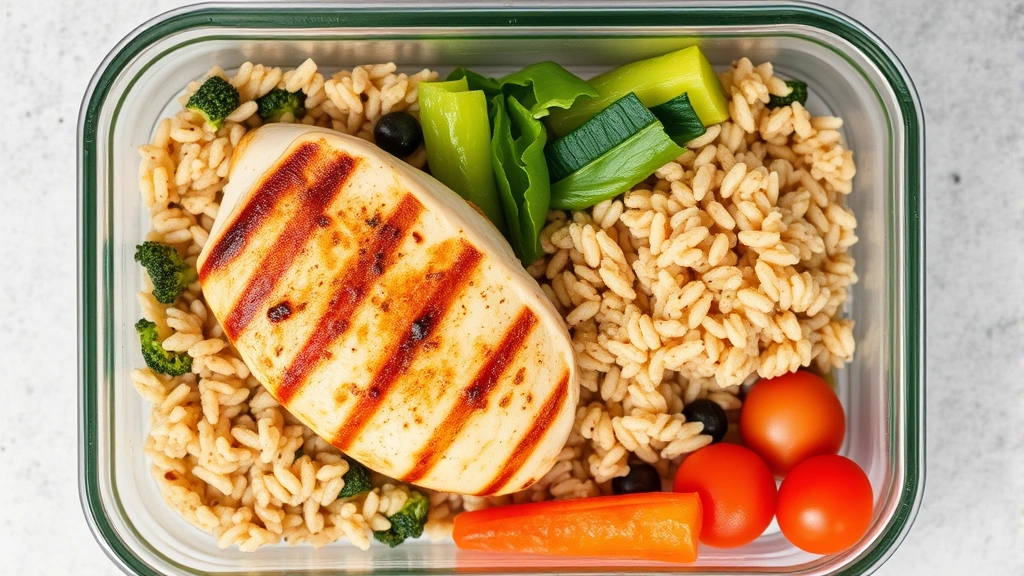 Overhead shot of a healthy meal prep container with grilled chicken breast, brown rice, and vegetables, fresh and appetizing