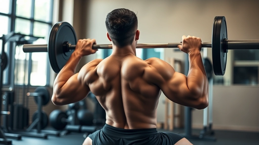 Athletic person performing a heavy barbell back squat in a well-lit gym, focused expression, proper form with chest up and knees tracking over toes, natural gym environment with other equipment visible but blurred