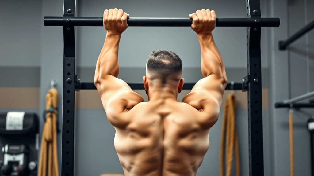 Energetic person doing pull-ups on a bar, chin above the bar at the top of the movement, defined back muscles visible, gym environment with rope and other training equipment in background