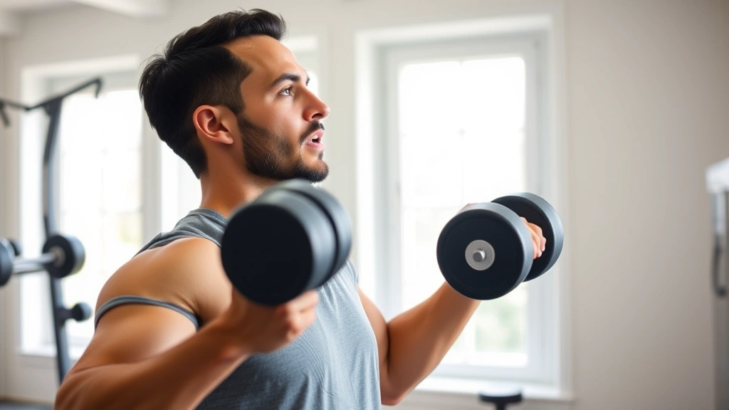 Person doing dumbbell exercises in a bright home gym, focused expression, mid-rep, natural lighting through windows
