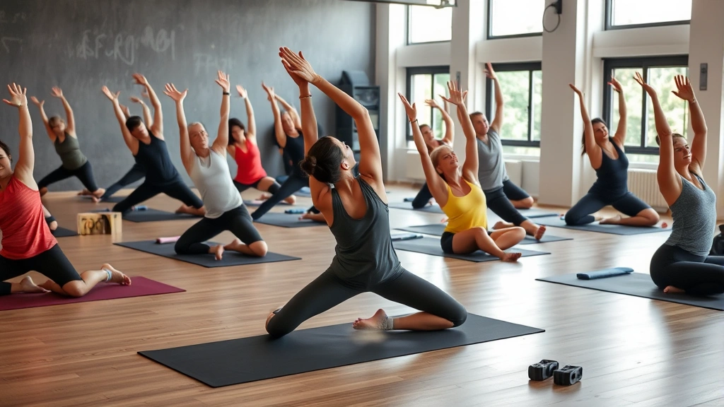 Diverse group of people stretching and doing active recovery yoga in a fitness studio, calm atmosphere, peaceful movement