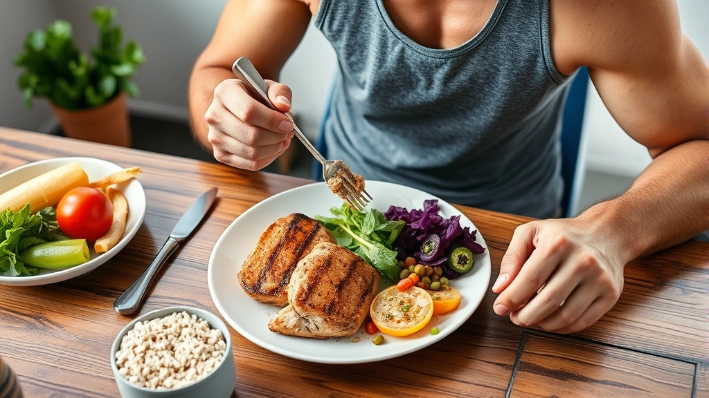 Athlete eating a balanced meal with protein, vegetables, and whole grains at a wooden table, natural fresh ingredients visible
