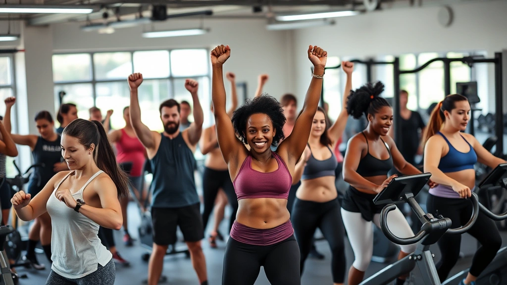 Group of diverse people doing various exercises in a gym environment—some lifting, some on cardio equipment—showing community and consistency in action