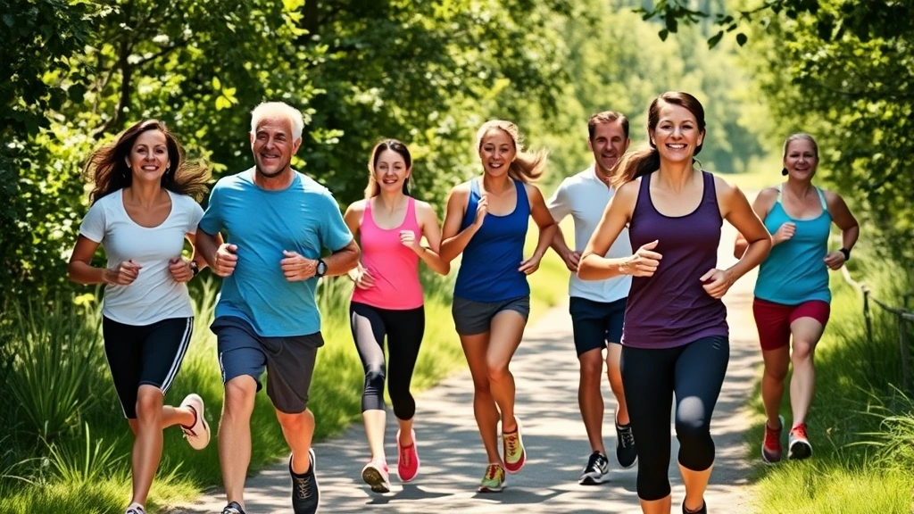 Group of diverse people jogging together outdoors on a sunny trail surrounded by greenery, smiling and energetic, natural running motion, outdoor fitness