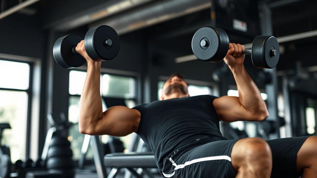 Fit person performing controlled tempo dumbbell bench press with moderate weight, focused form, gym setting with natural lighting