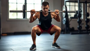 Person performing a perfect squat with controlled form, deep range of motion, gym setting with natural light, focused expression, no weight plates visible, emphasis on body mechanics