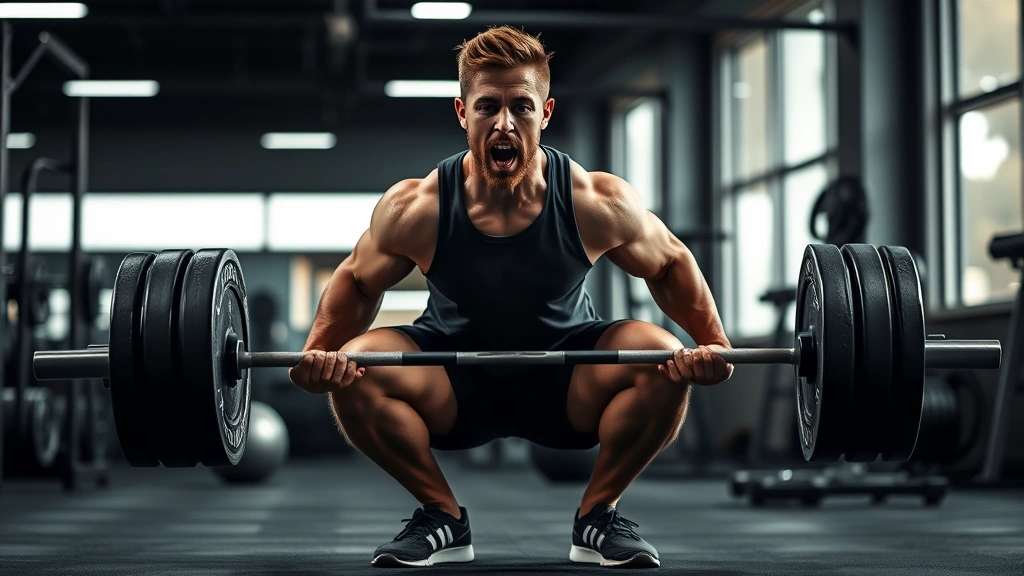 Athlete performing tempo barbell squat with controlled descent, deep focus, modern gym background, proper form emphasized, dynamic lighting