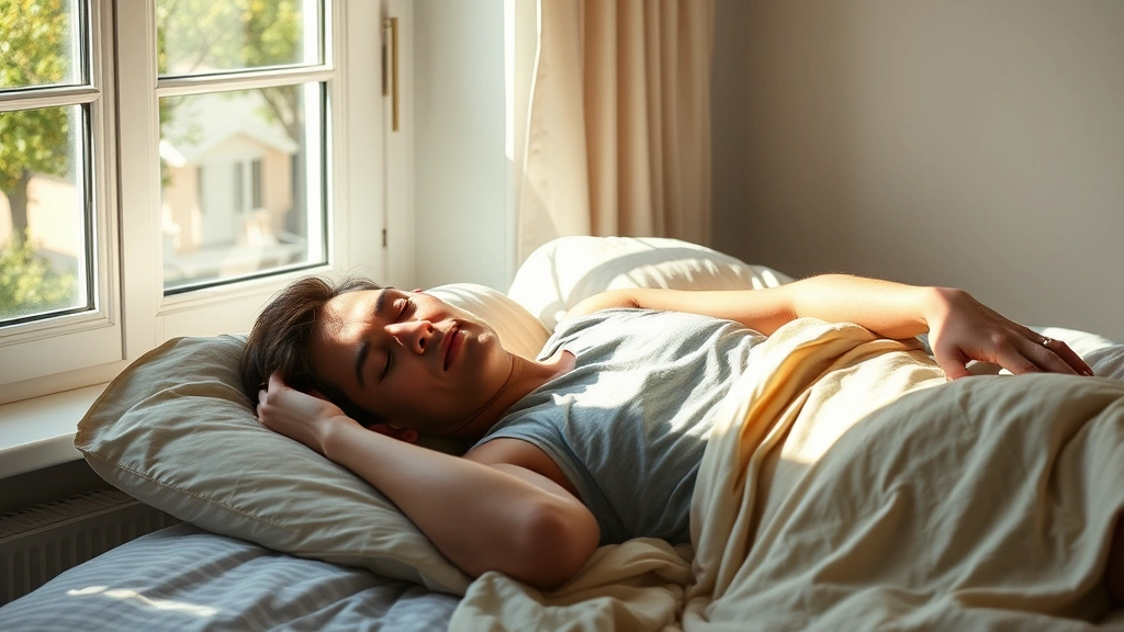 Person sleeping peacefully in morning sunlight through bedroom window, relaxed posture, peaceful expression, natural bedding, emphasizing recovery importance