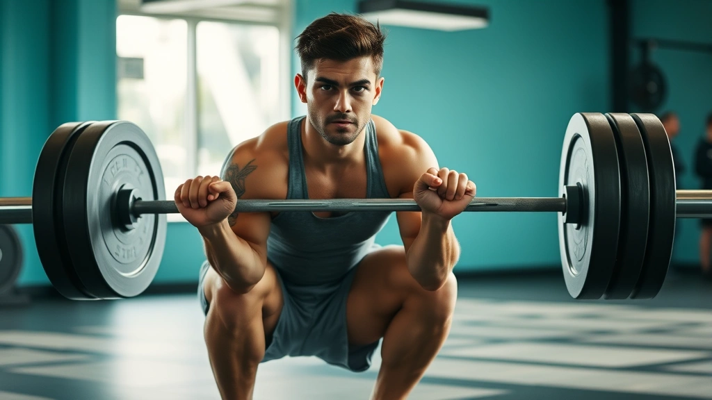 A fit person doing a heavy barbell squat in a bright gym, focused expression, mid-rep, natural lighting, athletic wear