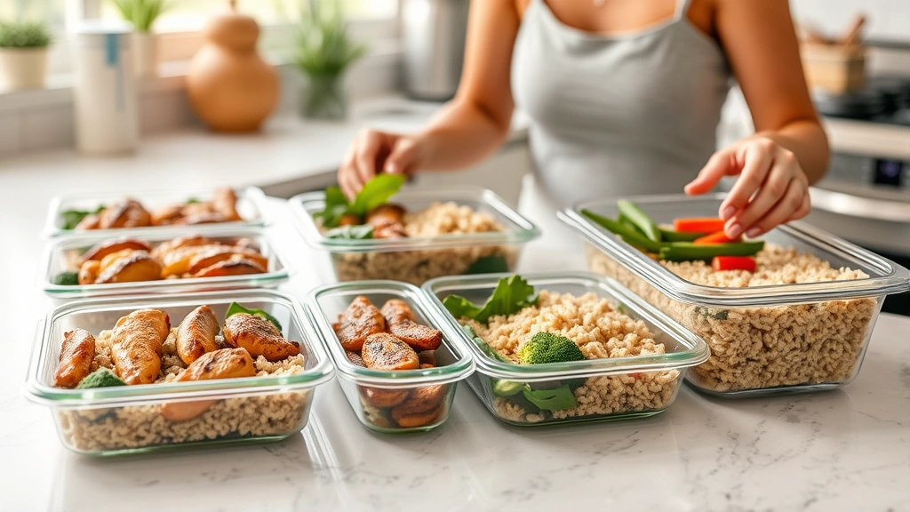 Someone meal prepping healthy food at a kitchen counter - grilled chicken, brown rice, vegetables in containers, bright natural light