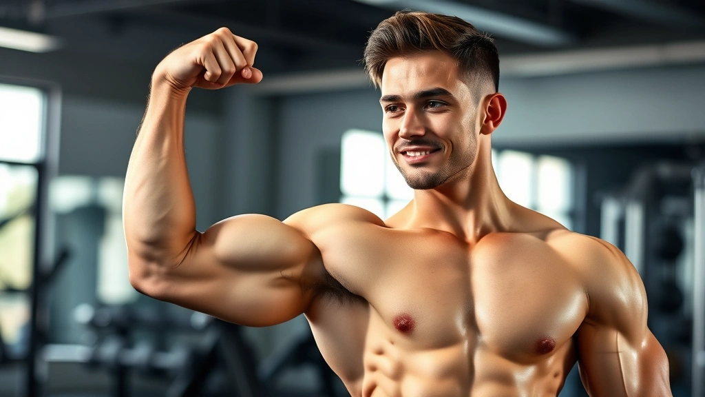 A person flexing their arm to show muscle definition, confident posture, well-lit gym setting, showcasing visible muscle tone and definition