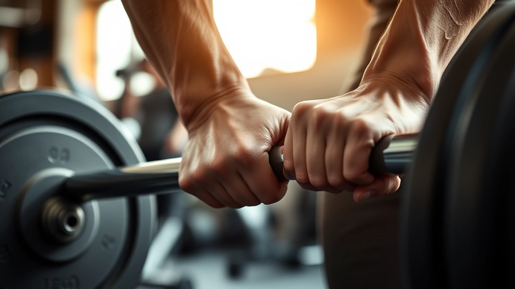 Close-up of hands gripping a barbell in a gym setting during deadlift, showing muscle definition and strength, focused expression, morning gym lighting