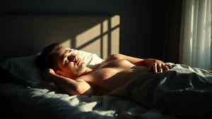 Person sleeping peacefully in a dark bedroom with morning sunlight, calm and peaceful atmosphere, fitness recovery concept