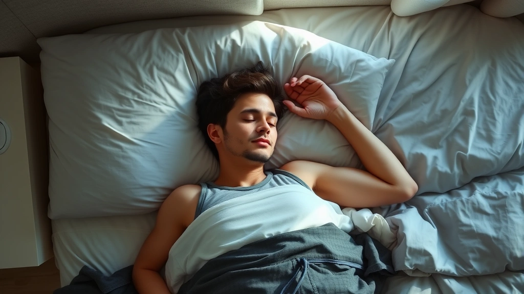 Overhead shot of person sleeping peacefully in bed with natural morning light coming through window, representing quality sleep and recovery for fitness