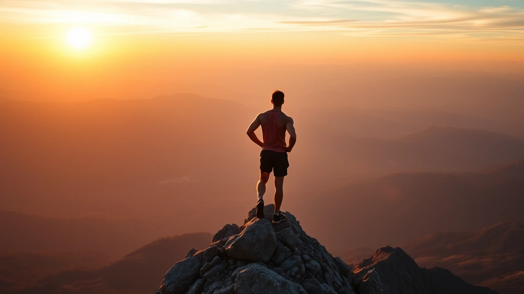 Wide shot of athlete standing on mountain peak at golden hour looking at vast landscape, representing long-term vision, perseverance, and the journey of fitness progress