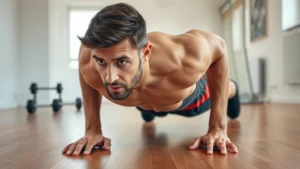Athletic person doing push-ups on a wooden floor in a bright home gym space with minimal equipment, dumbbells visible in background, determined focused expression
