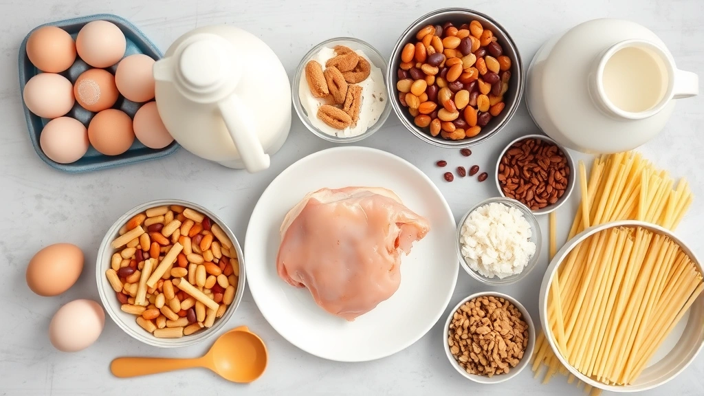 Overhead flat-lay of budget-friendly protein foods: eggs, canned tuna, Greek yogurt, chicken thigh, beans, lentils, milk jug, rice, and pasta on a kitchen counter
