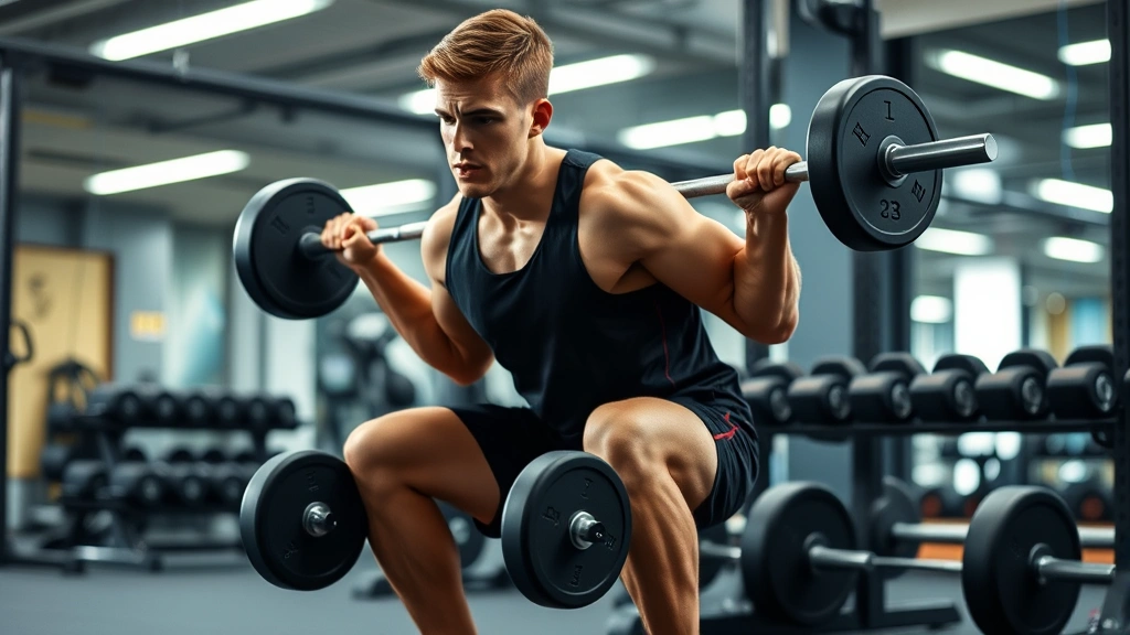 Young athlete performing eccentric squat movement in gym, controlled lowering phase, focused intensity, modern gym environment with dumbbells visible
