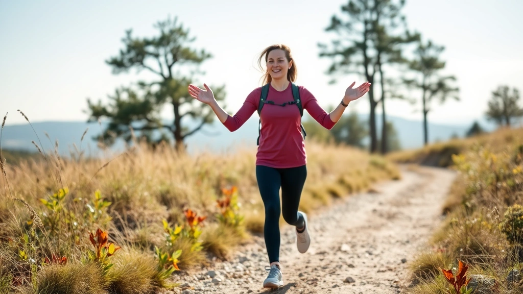 Person doing light active recovery walk outdoors on trail, peaceful expression, natural scenery, leisurely pace, recovery day movement