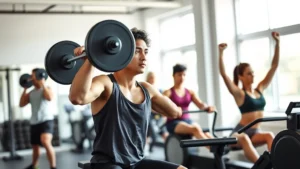 A diverse group of people doing different exercises in a bright gym: one deadlifting, one on a rowing machine, one stretching. Natural lighting, genuine effort and focus visible on their faces.