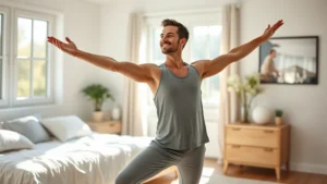 Person doing morning stretch routine in bright, natural-lit bedroom wearing casual workout clothes, peaceful and energized expression, sunlight streaming through windows