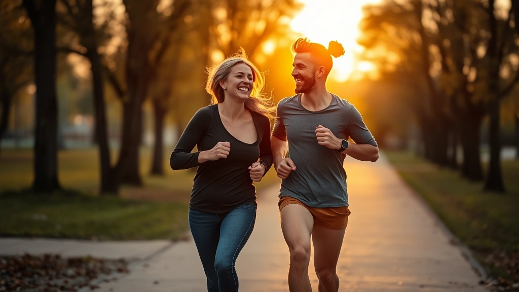 Two friends jogging together in a park during golden hour, laughing and energetic, natural outdoor setting with trees and path visible