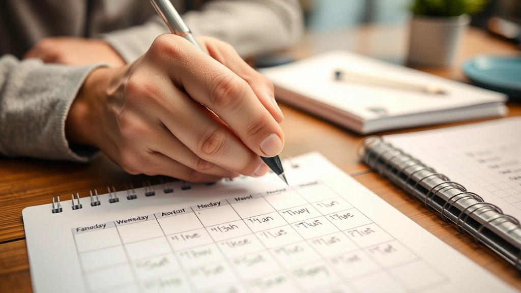 Close-up of someone checking off workout days on a calendar at a desk, pen in hand, focused and satisfied expression, organized and intentional