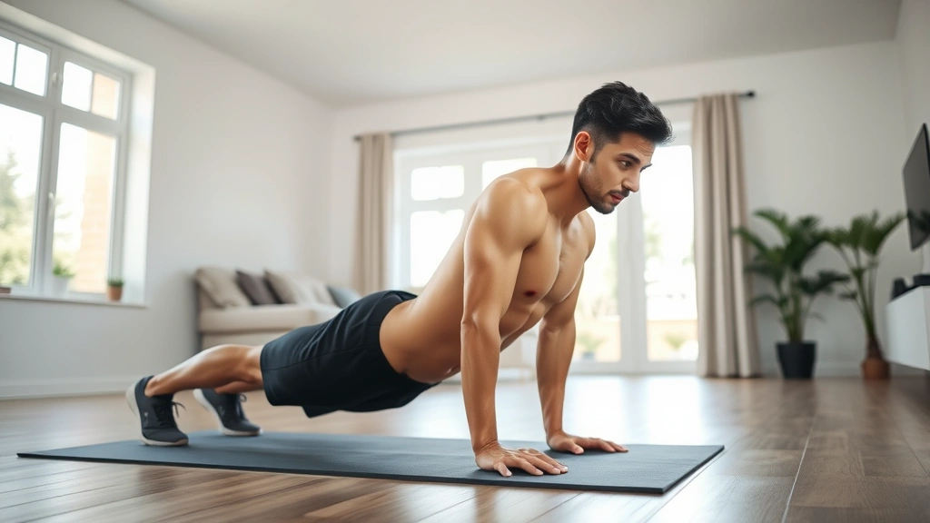 A fit person performing a perfect push-up in a bright, minimalist living room with sunlight from windows, showing proper form with engaged core and straight body alignment.