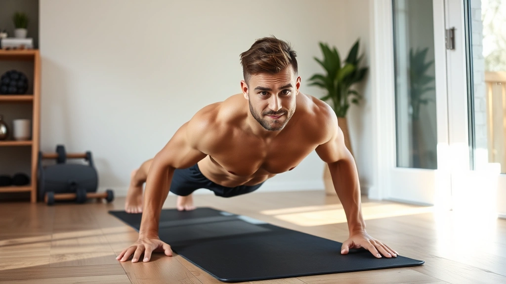 A strong individual holding a challenging plank position in a home gym corner with yoga mat, showing core engagement and determination, natural lighting, no equipment visible.