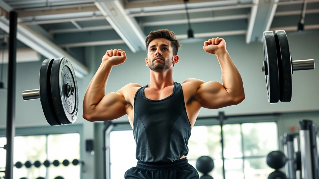 Person performing a compound weightlifting movement with perfect form in a bright gym, natural lighting, focused expression