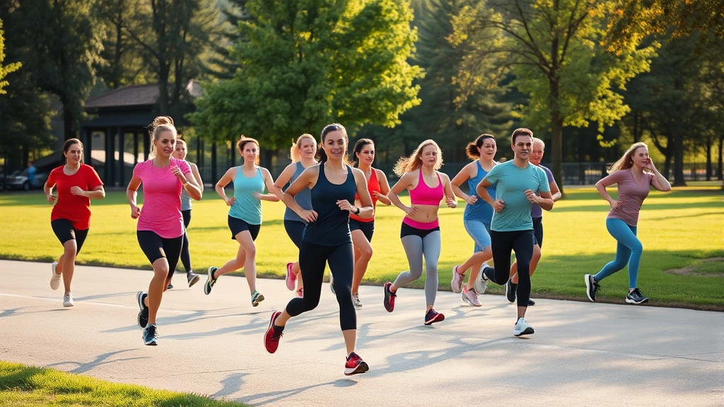 Diverse group of people doing various workouts outdoors—running, stretching, strength training—in a park setting with morning sunlight