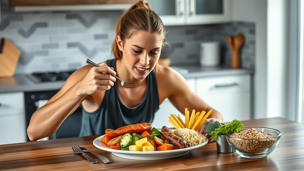 Athlete eating a balanced meal with protein, vegetables, and whole grains at a kitchen table, fresh and colorful food presentation