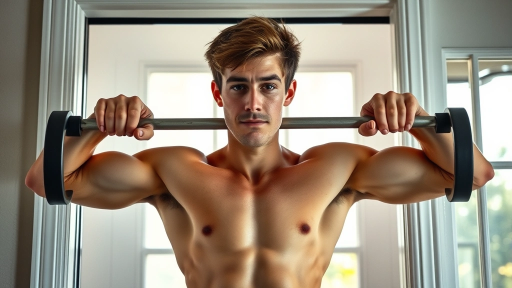 Young adult doing pull-ups on a doorway bar with focused expression, showing strength and determination, natural home environment with windows