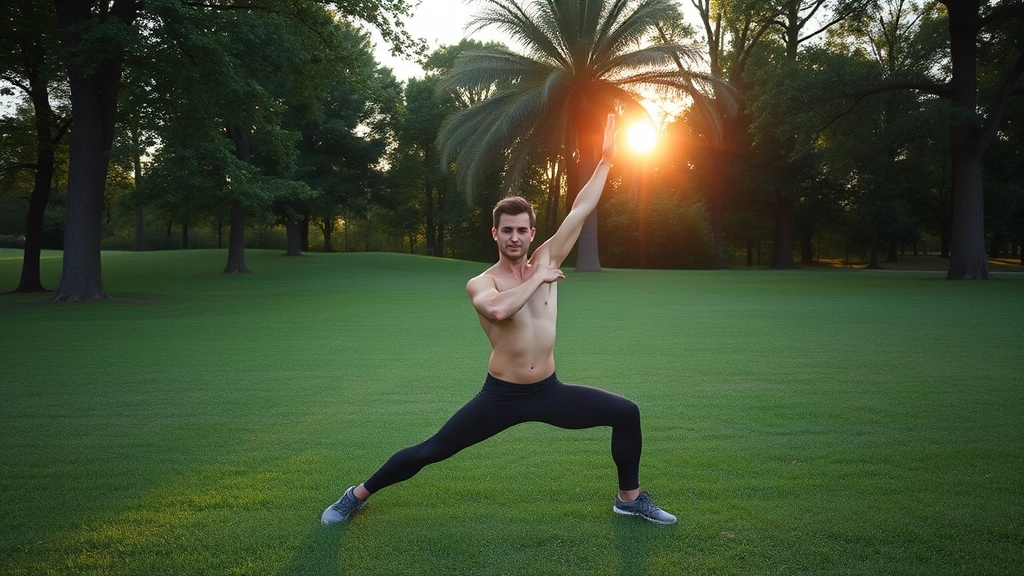 Fit individual stretching outdoors on grass near trees during golden hour, peaceful expression, natural flexibility work, green environment, calm atmosphere