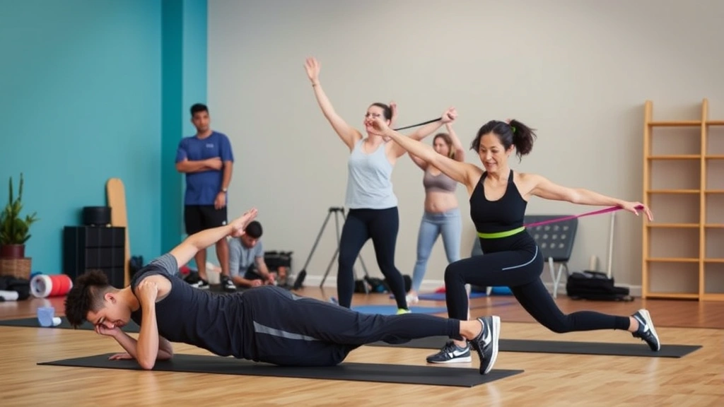 Group of diverse people doing various exercises in a community fitness space—one doing pushups, one stretching, one using resistance band—supportive energy, inclusive setting