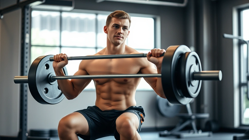 Athletic person performing a barbell squat in a gym with proper form, strong posture, focused expression, natural lighting from gym windows, wearing comfortable workout clothes