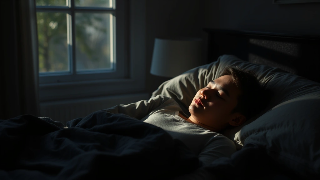 Person sleeping peacefully in a dark bedroom with morning sunlight coming through a window, looking completely rested and peaceful