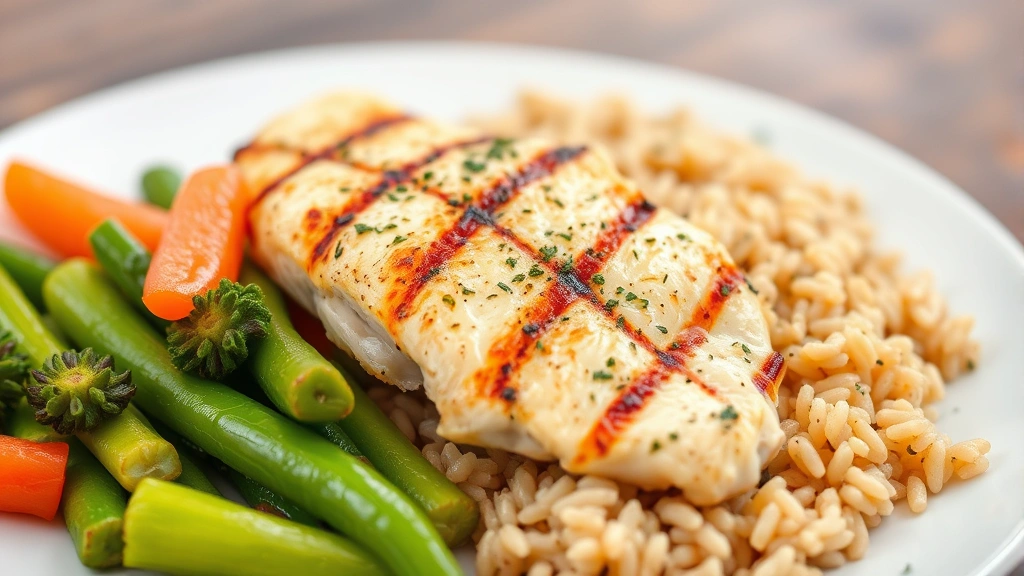 Close-up of a balanced meal plate with grilled chicken breast, brown rice, and steamed vegetables, fresh and appetizing presentation on a white plate