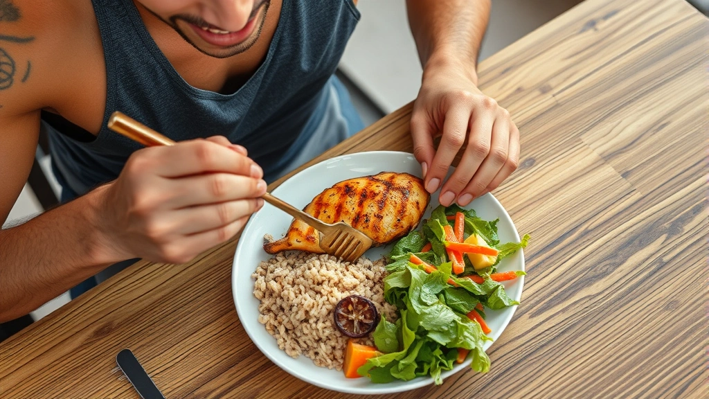 Athlete eating a balanced meal with grilled chicken, brown rice, and vegetables at a wooden table, looking satisfied and energized