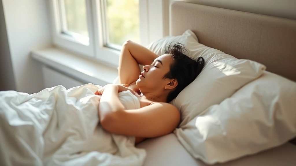 Person sleeping peacefully in bed with natural morning light coming through window, relaxed posture, clean white bedding, representing recovery and rest