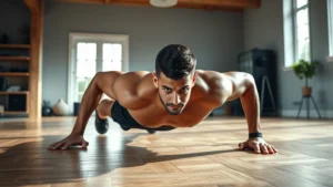 Athletic man performing perfect form push-up on wooden floor in bright home gym, muscles engaged, determined expression, natural lighting