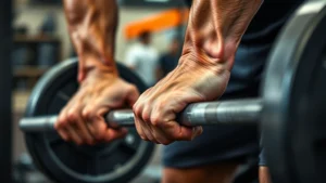 Close-up of a person's hands gripping a barbell during a heavy deadlift, showing muscular forearms and focused intensity, gym setting with blurred background