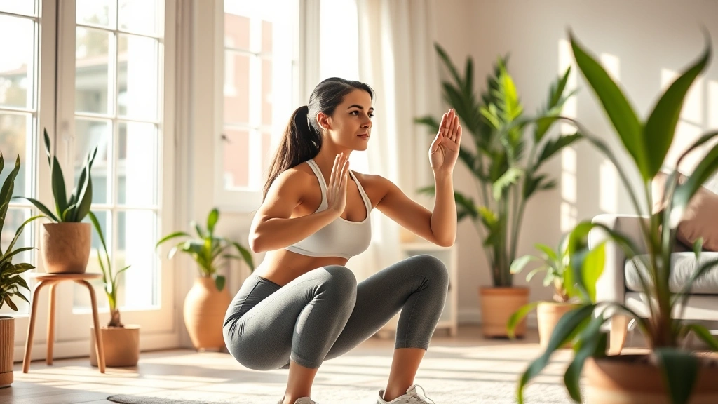 Woman doing bodyweight squats in living room with plants, form focused, confident posture, afternoon sunlight through windows