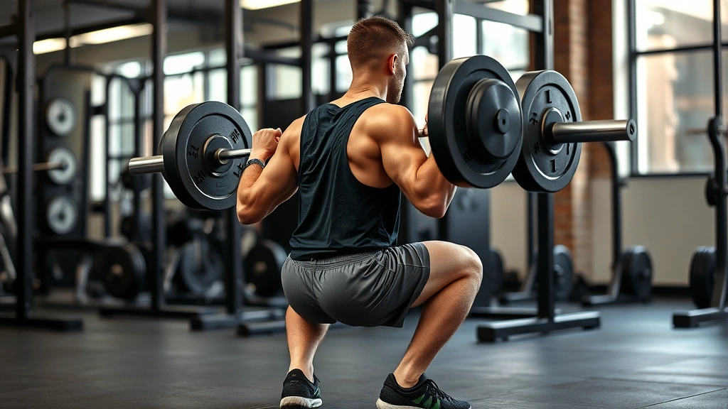 Person performing barbell back squats with proper form in a well-equipped gym, showing controlled movement, muscular legs, and focused expression