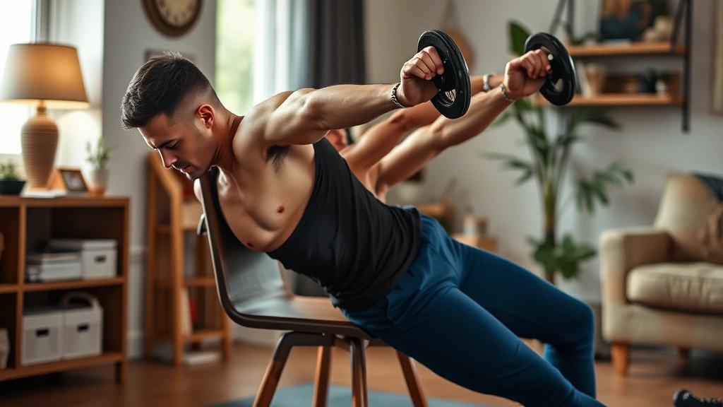 Fit person doing dips on sturdy chair indoors, controlled movement, home setting, demonstrating advanced bodyweight training technique
