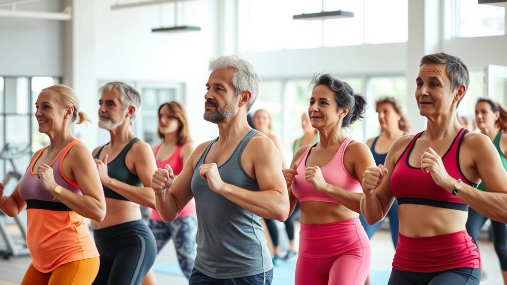 Diverse group of people of different ages and fitness levels exercising together in a bright, modern gym with natural lighting, showing community and support
