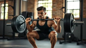 Person doing a compound barbell squat in a gym with proper form, focused expression, natural lighting from windows, athletic build, mid-rep